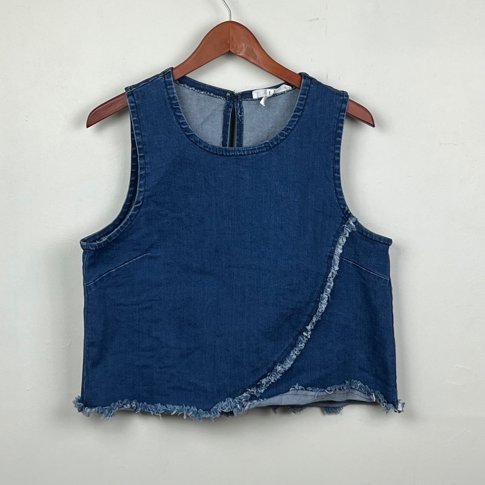 BCBGeneration Denim Sleeveless Top L Blue Frayed Hem Streetwear Utility Wear